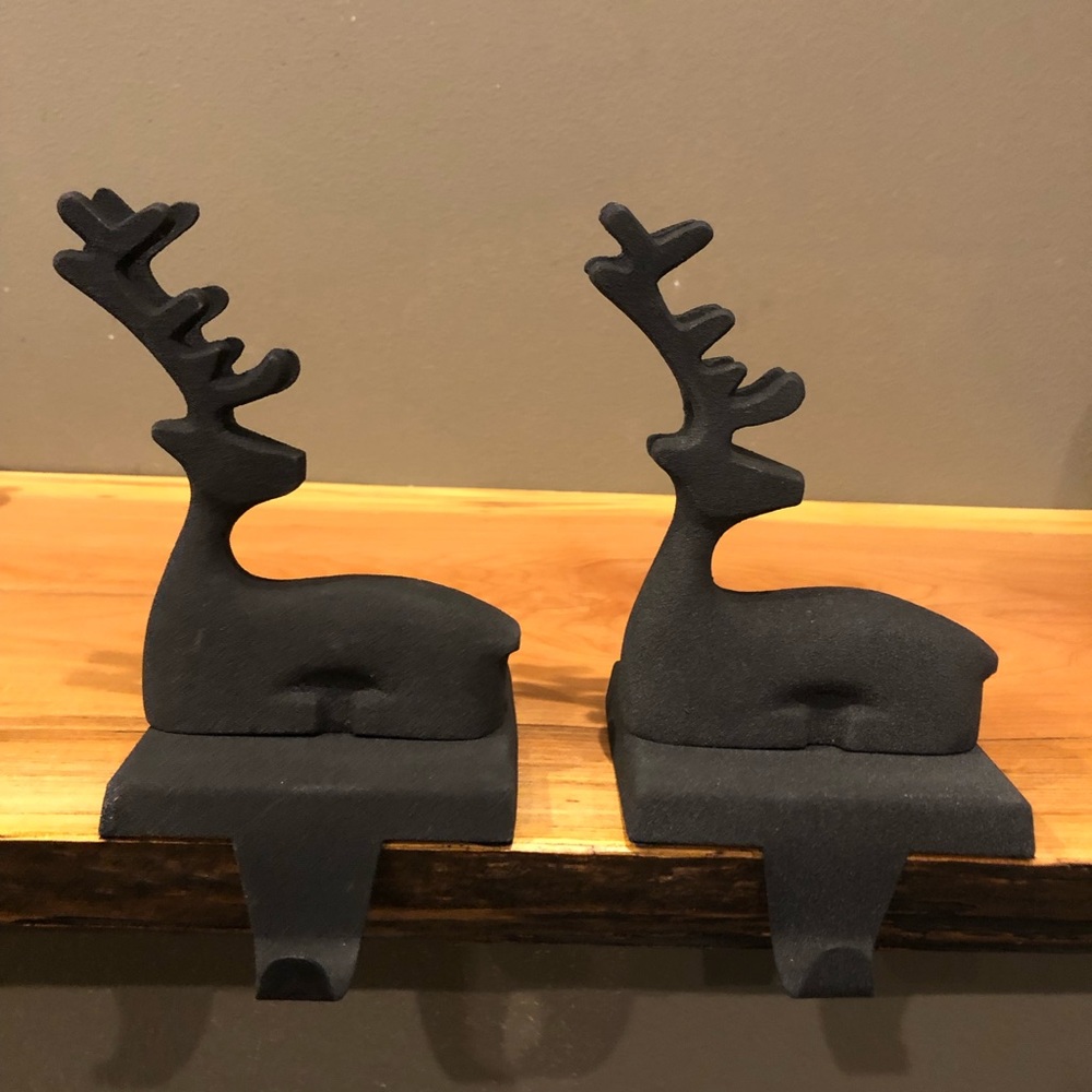Crate & Barrel ZINC LOT OF 2 Sitting Reindeer Stocking Hook Hanger Holder Decor
